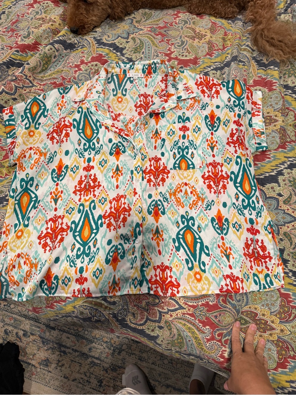 Printed Ikat-Style Short Sleeve Blouse in Cream, Teal & Orange